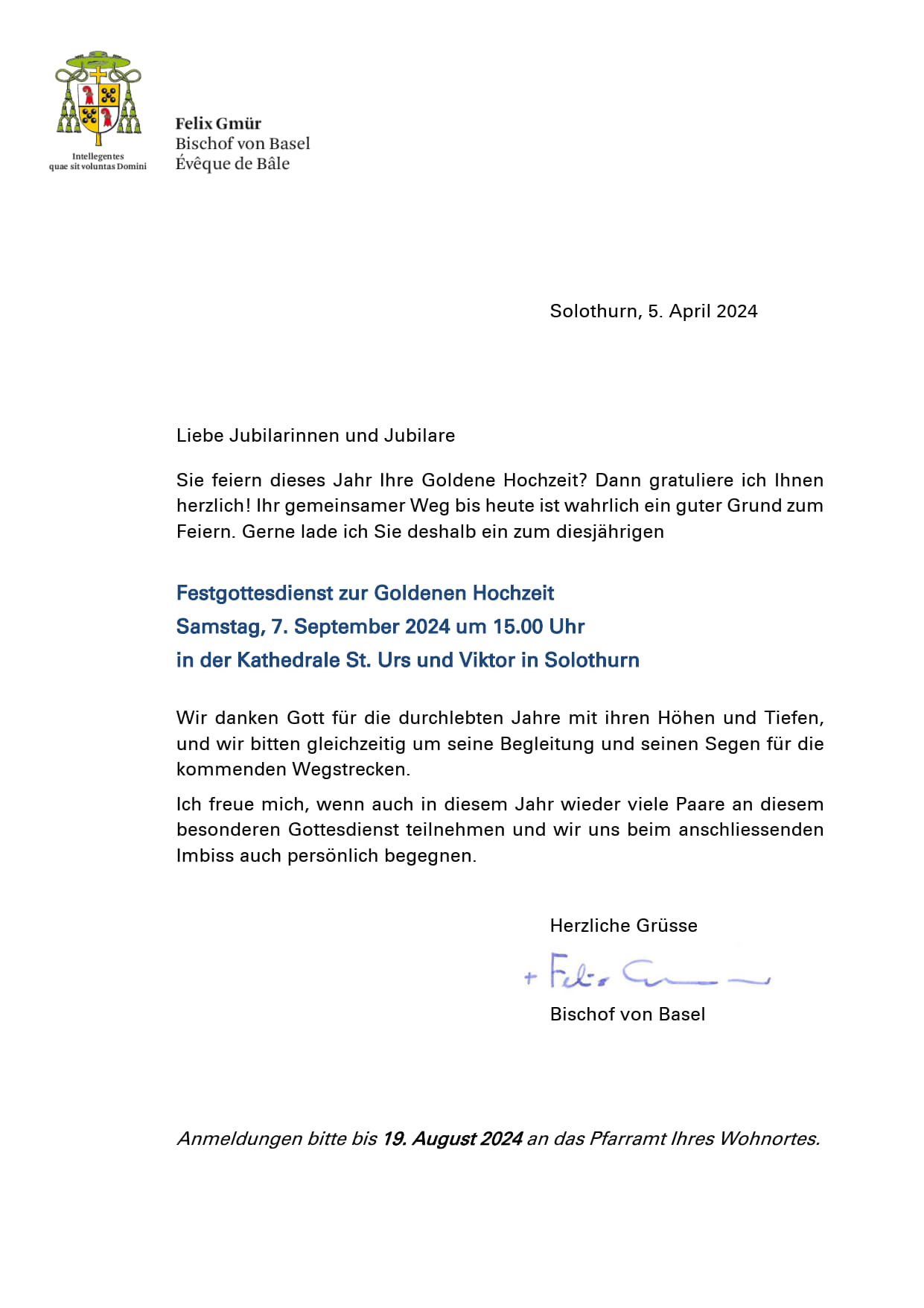 Einladung Bistum Basel, Goldene Hochzeit